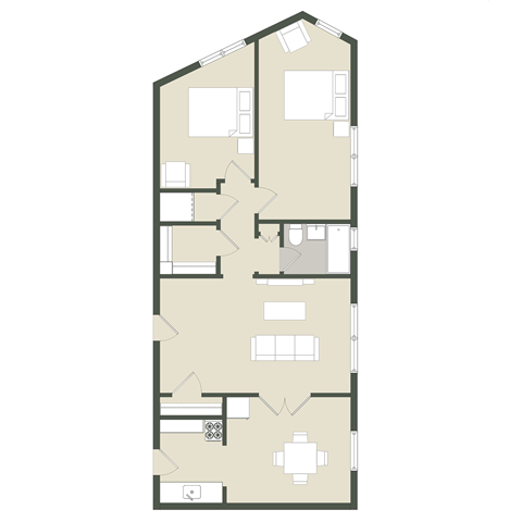Floor plan for 2 beds, 1 bath, 836 sqft